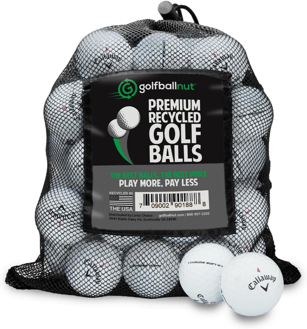 24 refinished Callaway Chrome Soft X golf balls in the included Golf Ball Nut branded mesh bag