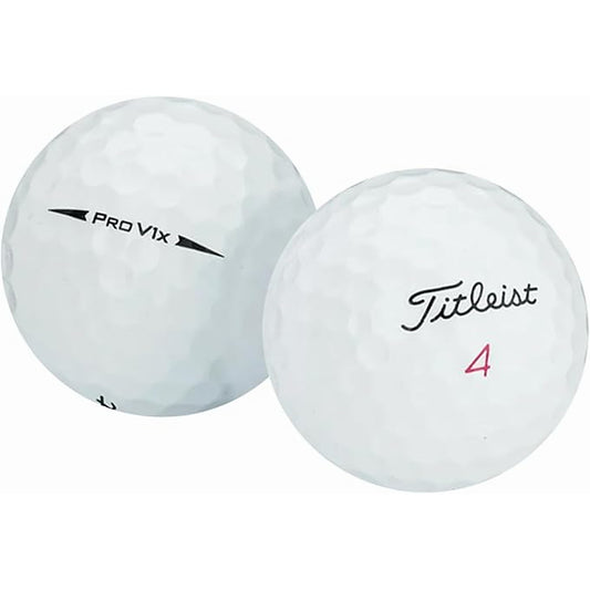 Two refinished Titleist Pro V1x golf balls, white, looking like new