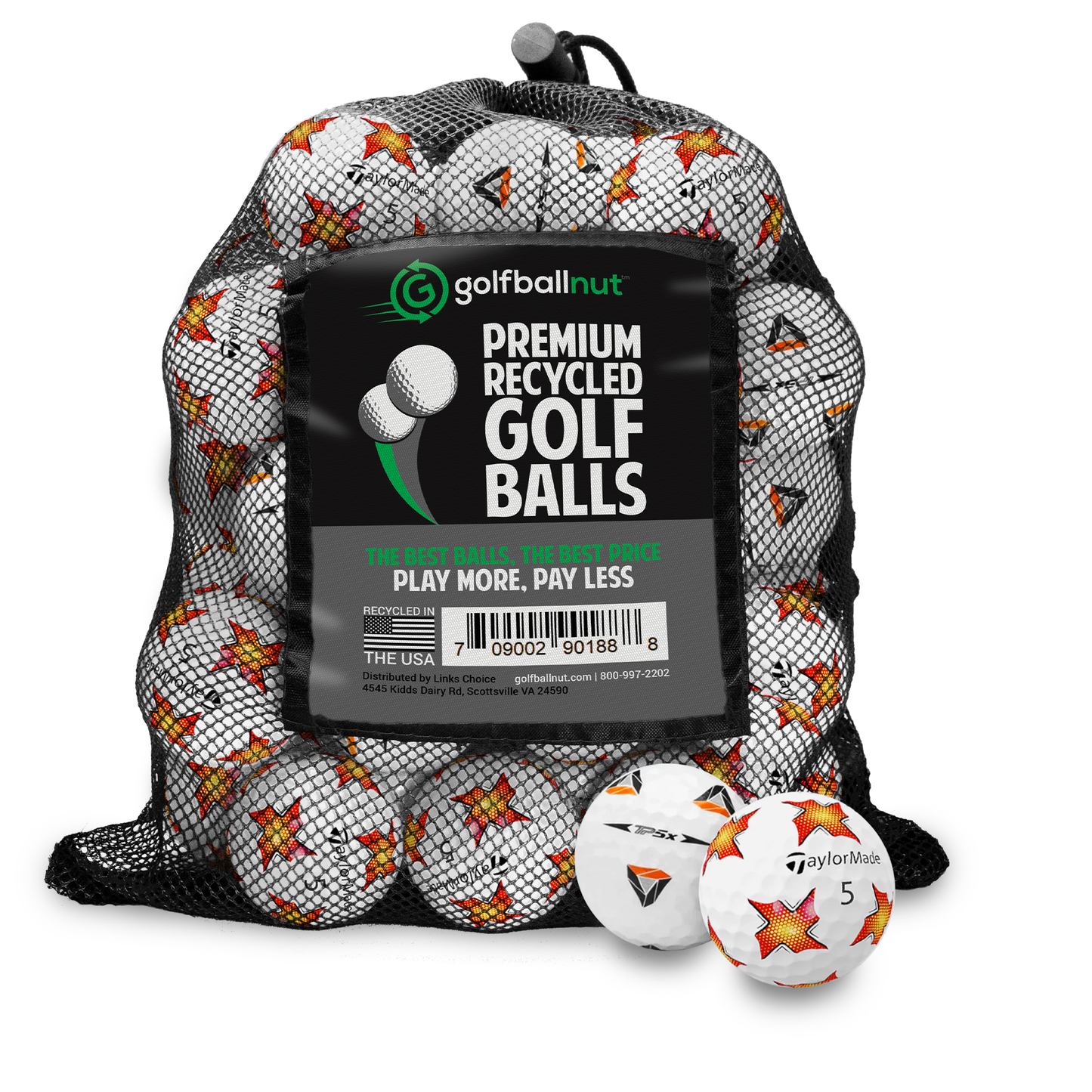 Used TaylorMade TP5 PIX Mix golf balls in a Golf Ball Nut mesh bag, PIX pattern