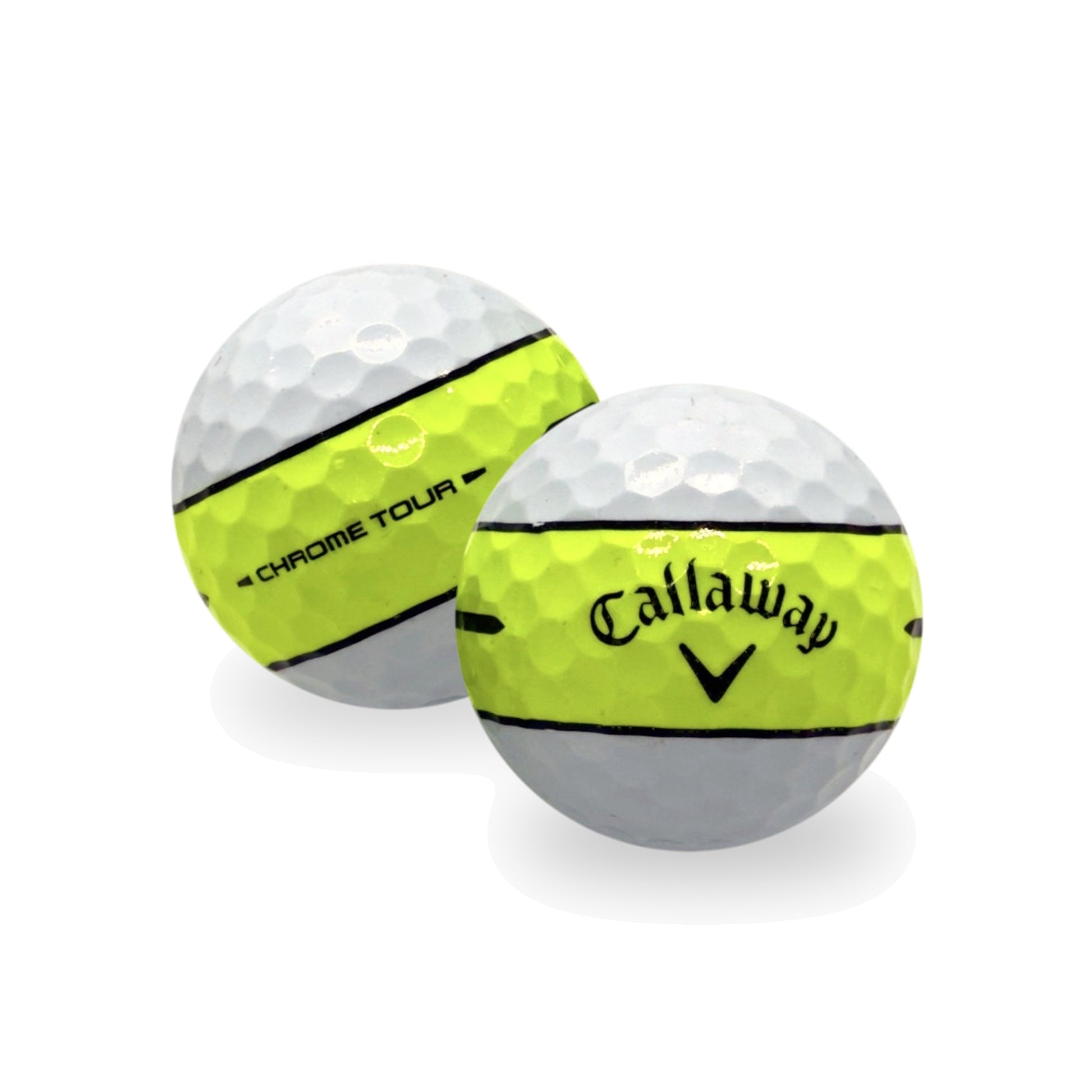 Used Callaway Chrome Tour 360 Yellow Stripe golf balls, white with yellow stripe