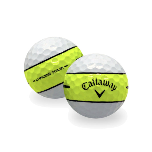 Used Callaway Chrome Tour 360 Yellow Stripe golf balls, white with yellow stripe