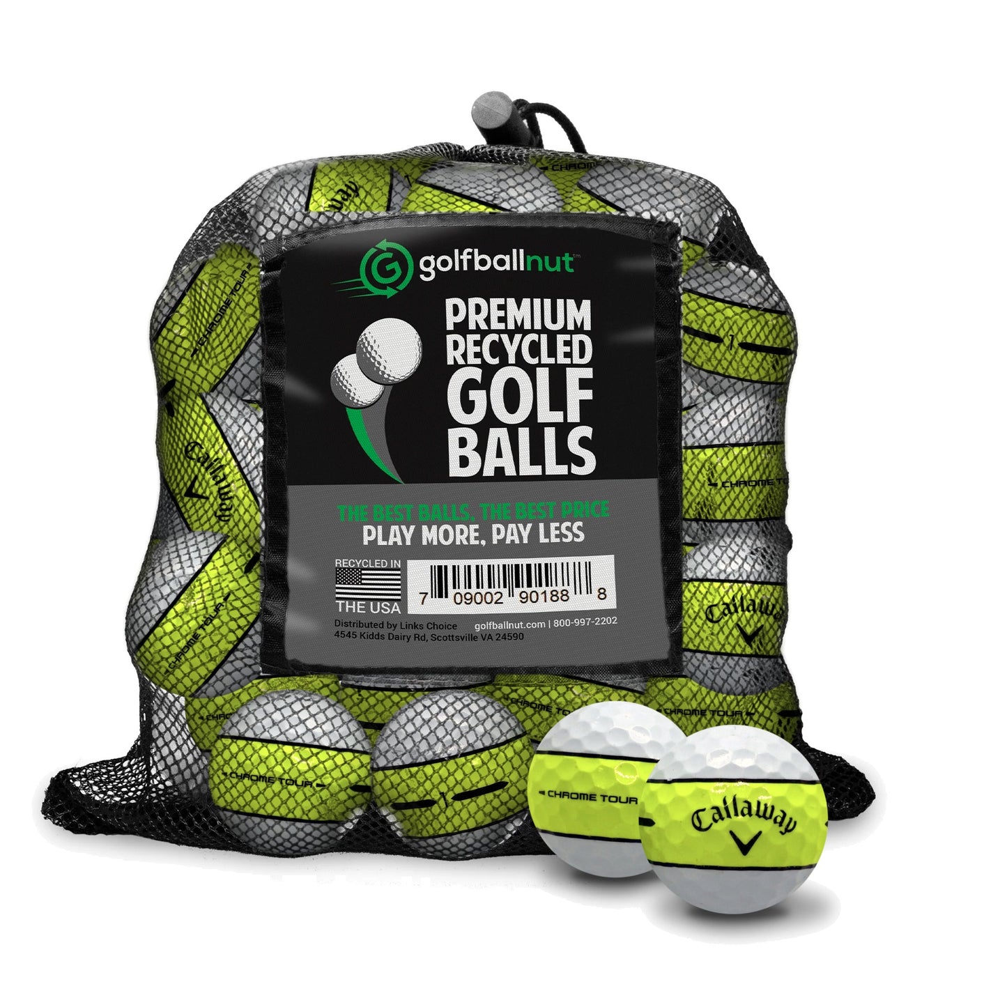 Used Callaway Chrome Tour 360 Yellow Stripe golf balls, 24 ball mesh bag