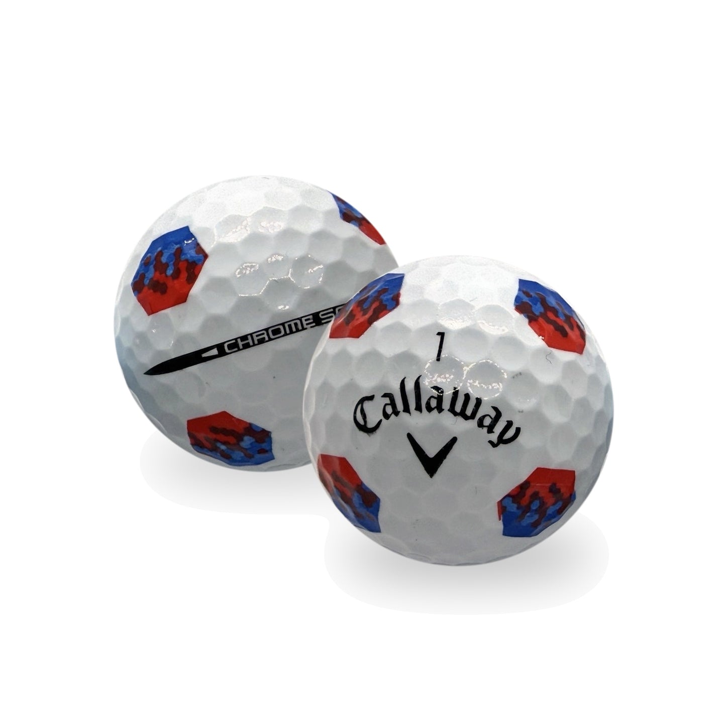 Used Callaway Chrome Soft Truvis Red Blue golf balls, white with red and blue camo pattern