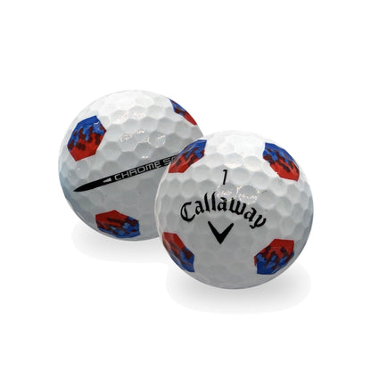 Used Callaway Chrome Soft Truvis Red Blue golf balls, white with red and blue camo pattern