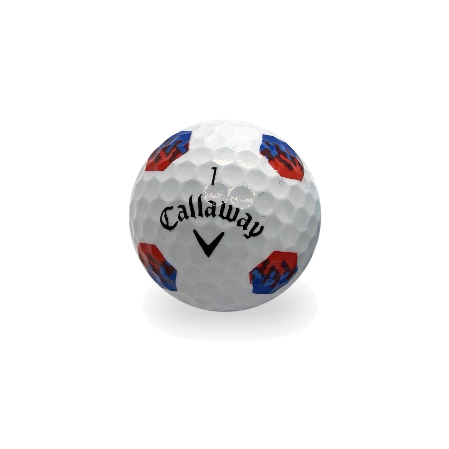 Used Callaway Chrome Soft Truvis Red Blue golf ball, logo side