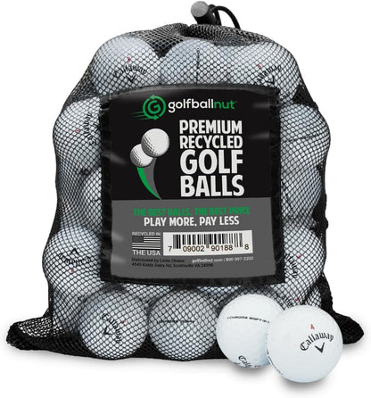 24 refinished Callaway Chrome Soft X golf balls in the included Golf Ball Nut branded mesh bag