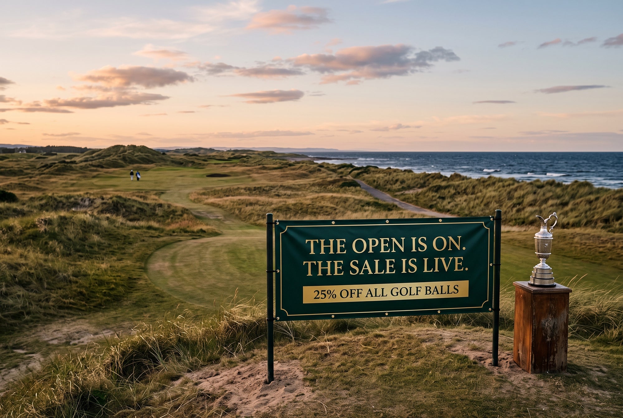 The Open is on. The sale is live. 25% off all golf balls — links course banner